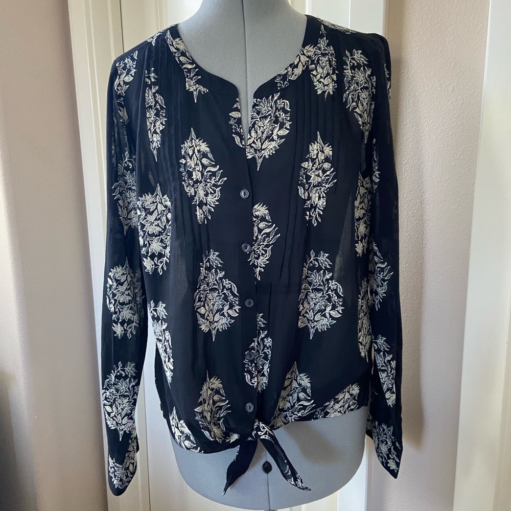 Lucky Brand Tie-front, Button-down, Blouse, Black, Size M